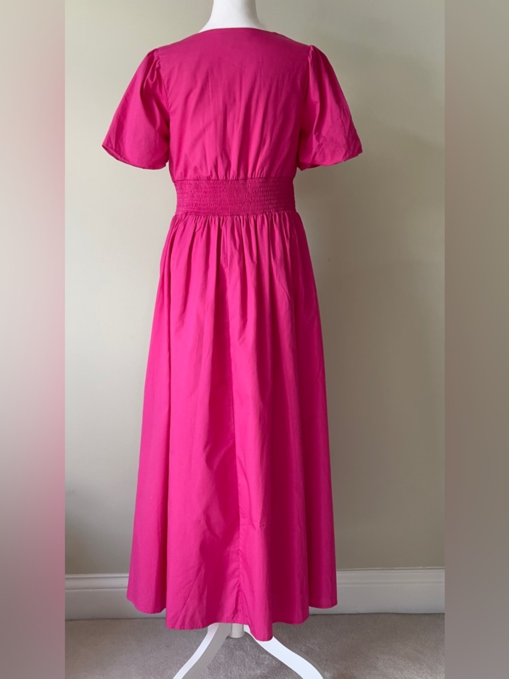 CECE DUPRAZ Ruched Waist V-Neck Short Puff Sleeve Cotton Maxi Dress NWOT - Picture 7 of 9